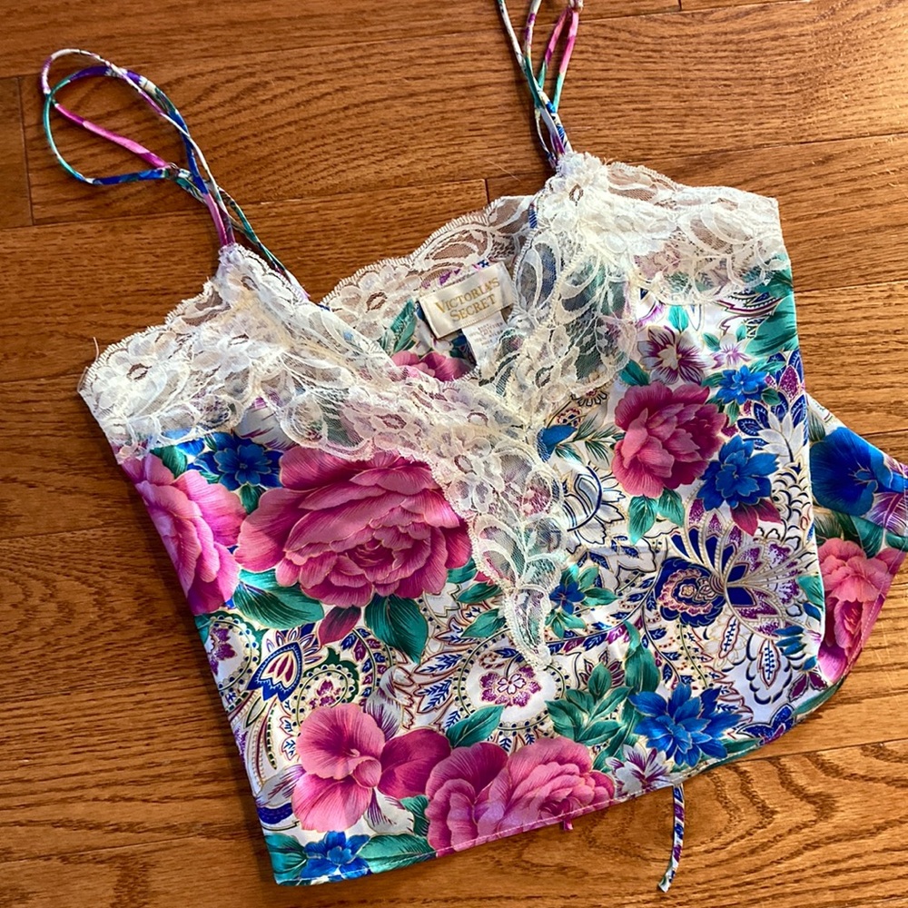 Vintage gold label Victoria Secret lace floral camisole crop pink blue green